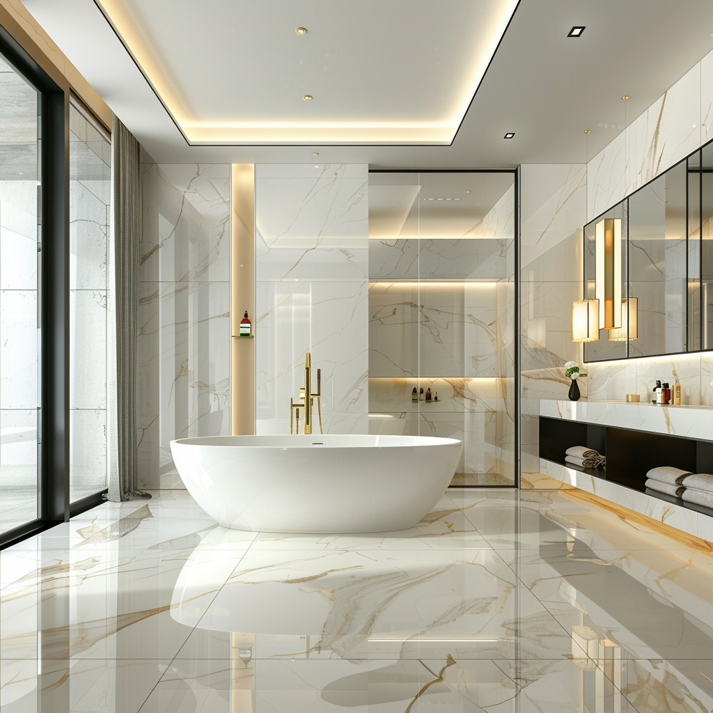 Modern minimalist bathroom featuring a freestanding soaking tub, gold accents, marble surfaces, and ample natural and artificial lighting.