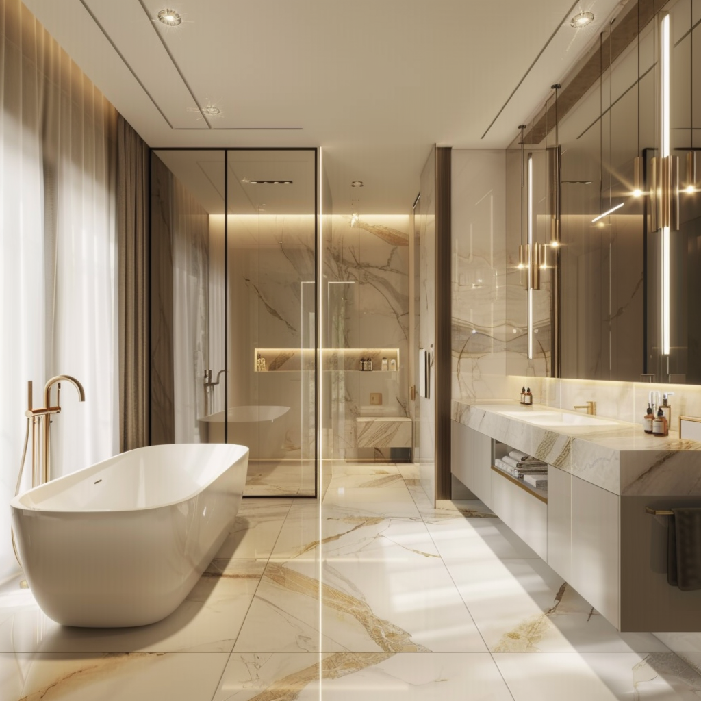 An elegant, modern minimalist bathroom featuring a freestanding tub, walk-in shower with marble walls, floating double vanity, and floor-to-ceiling windows with sheer curtains, captured in high resolution.