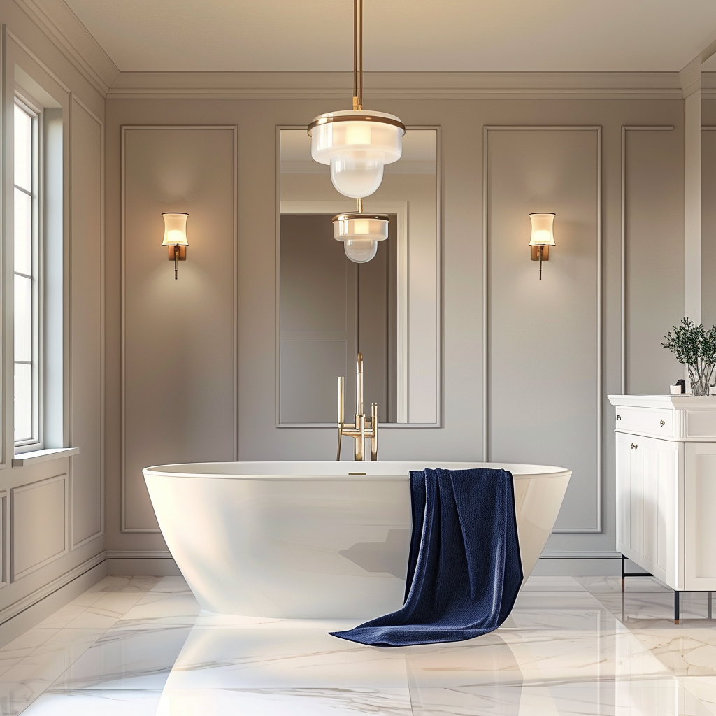 Elegant modern minimalist bathroom featuring a freestanding bathtub, sculptural pedestal sink, navy blue accents, and a sophisticated lighting arrangement of recessed LED lights, wall scones, and a pendant light.