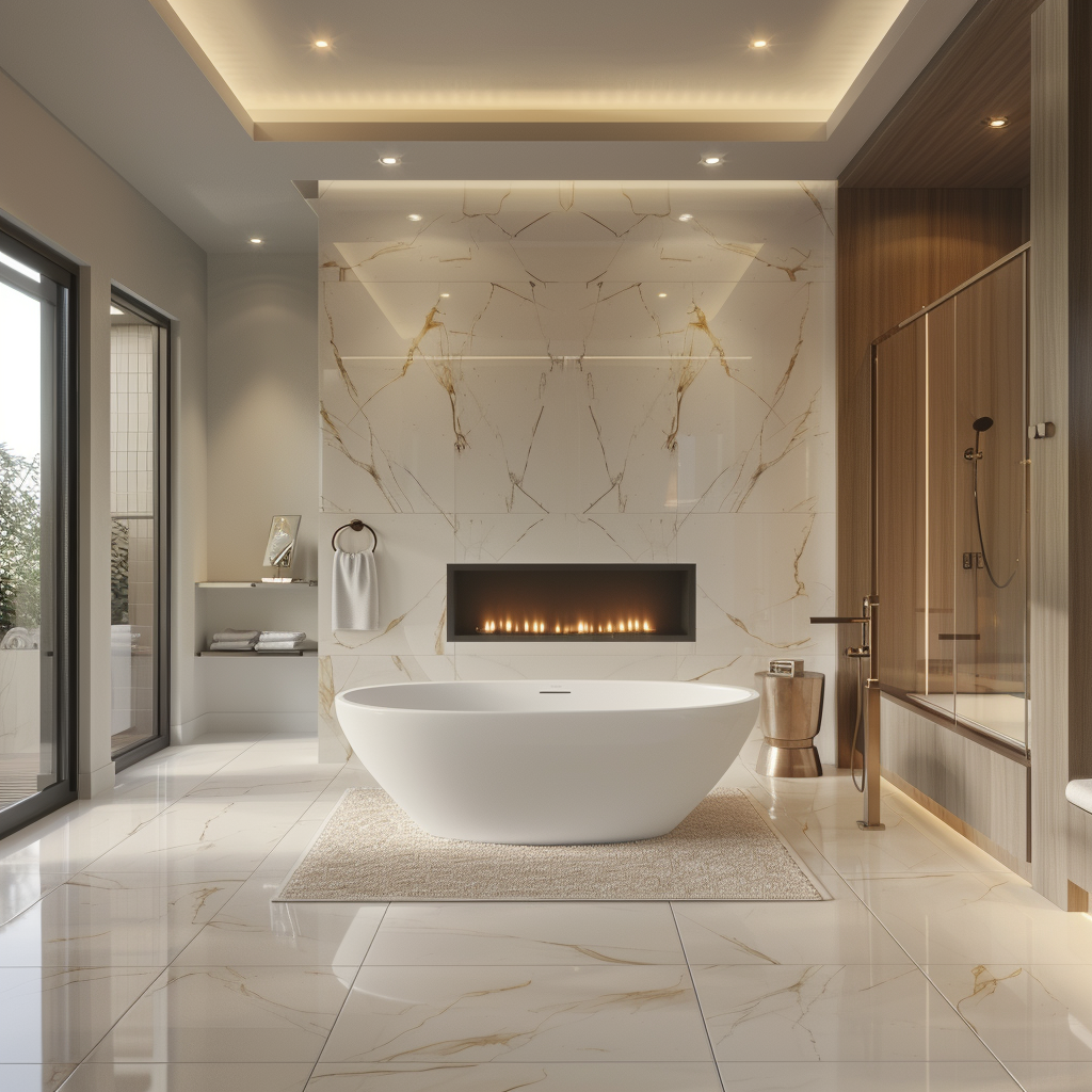 Photorealistic image of a luxurious modern minimalist bathroom with a freestanding tub, floating vanity, glass-enclosed walk-in shower, and natural light from a frosted window.