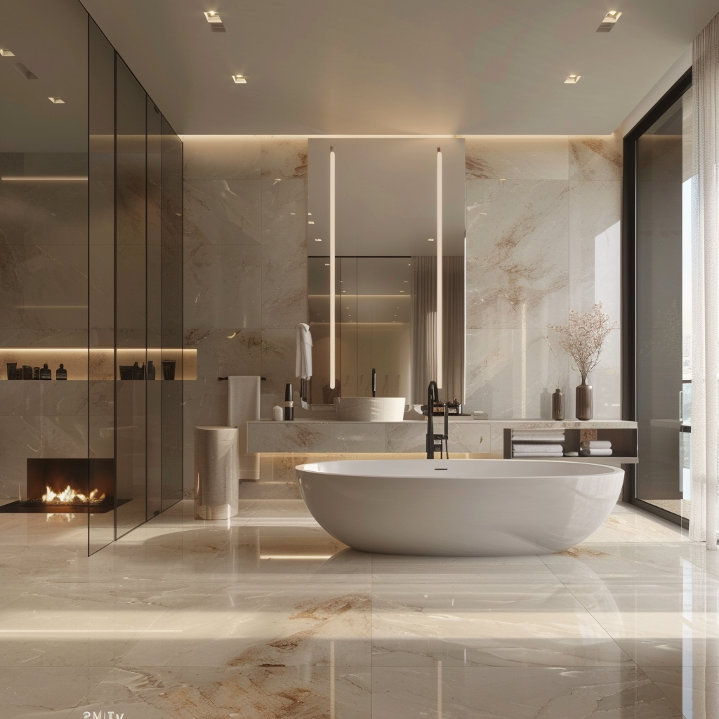 A lavish modern minimalist bathroom with a freestanding tub, floating dual-sink vanity, glass-enclosed walk-in shower, integrated fireplace, and soft lighting in muted tones, captured in photorealistic 8K.