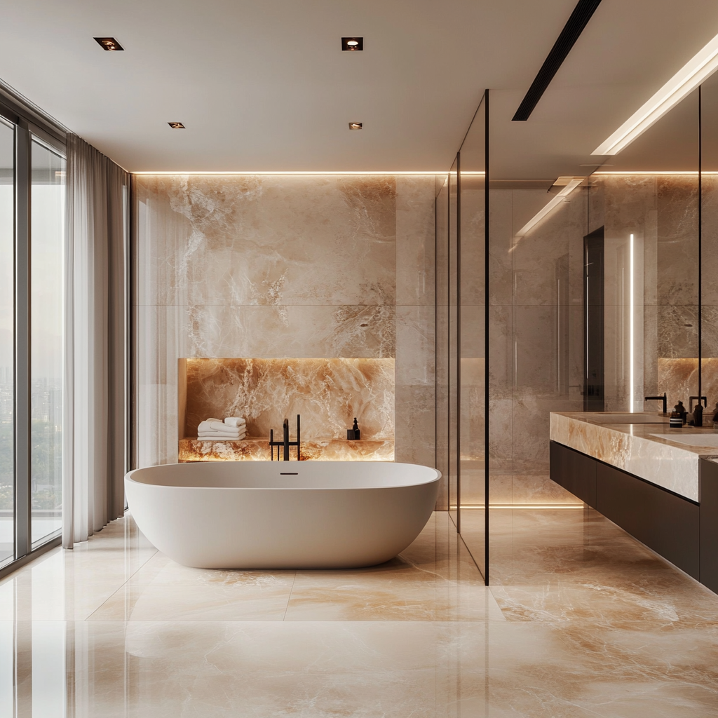 Spacious, opulent bathroom with modern minimalist design, featuring neutral earth tones, freestanding soaking tub, floating vanity, frameless glass shower, and high-gloss stone flooring with unique patterns.