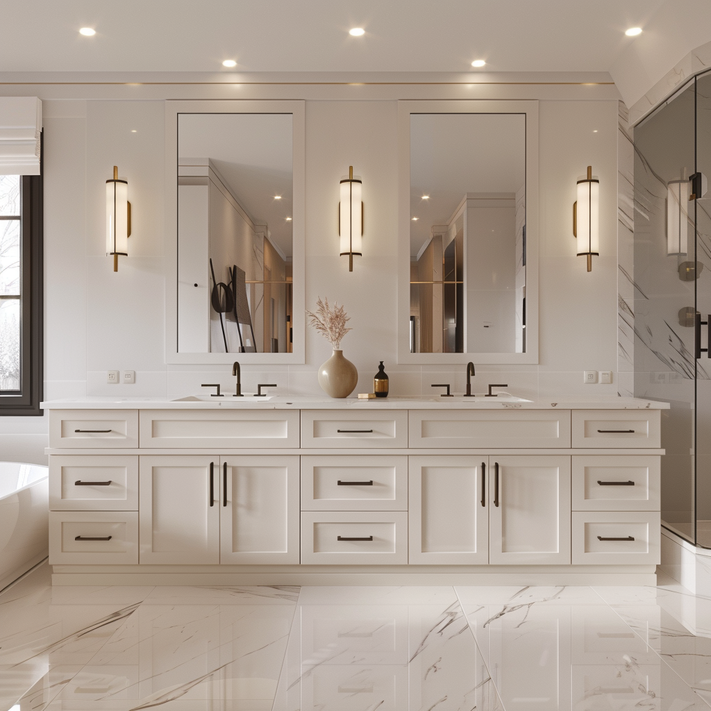 Photorealistic image of a luxurious, modern minimalist bathroom with his and hers vanities, white marble countertops, designer vessel sinks, brushed gold and matte black accents, a freestanding tub, and a glass-enclosed walk-in shower, shot in 8K resolution.