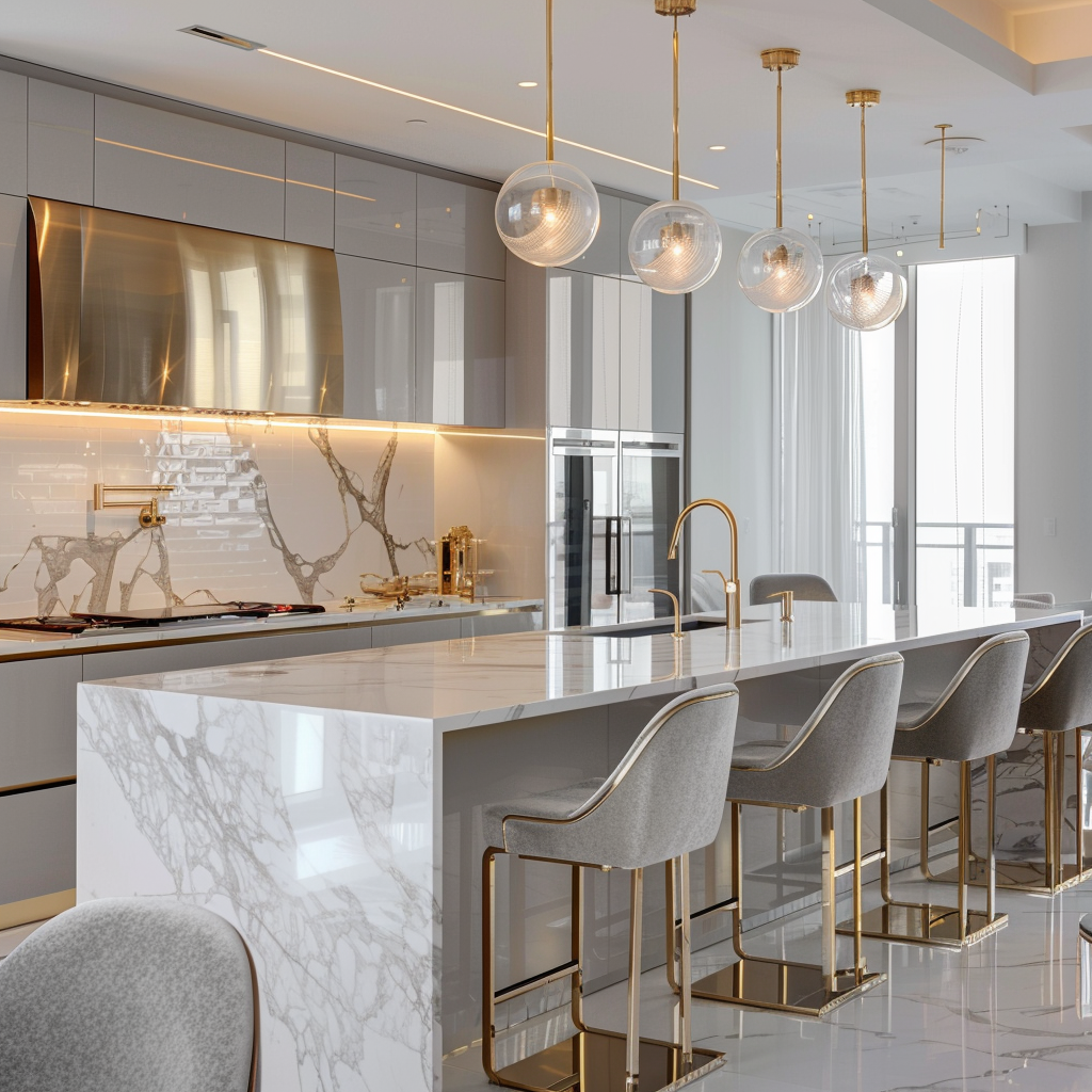 Luxurious modern minimalist kitchen with white marble countertops, gray bar stools, glass dining table with gold legs, and clear acrylic chairs. Features include large windows, gold-accented pendant lights, LED under-cabinet lighting, and a gold-trimmed gas range.