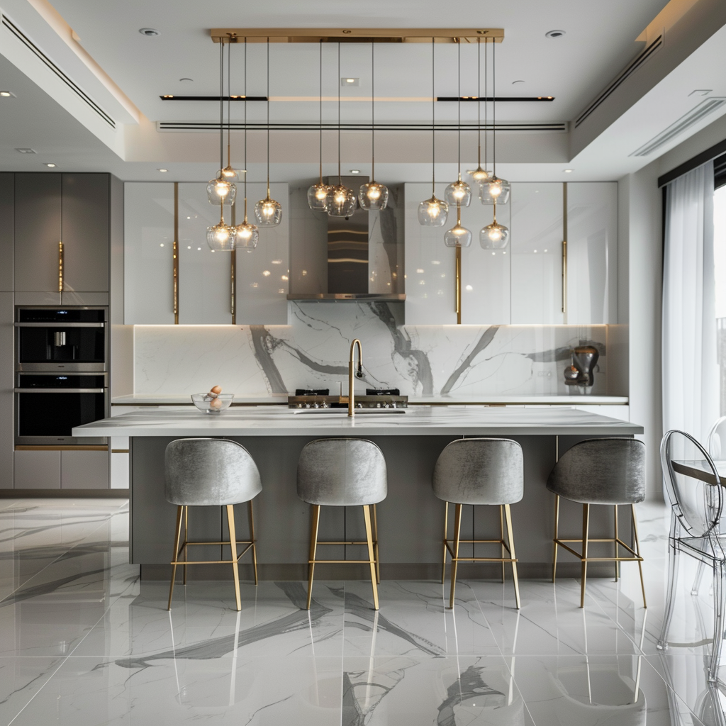 Luxurious modern minimalist kitchen featuring a central island with white marble waterfall countertops, gray bar stools, a glass dining table with gold legs, clear acrylic chairs, brushed gold accents, and sophisticated lighting from natural and artificial sources.