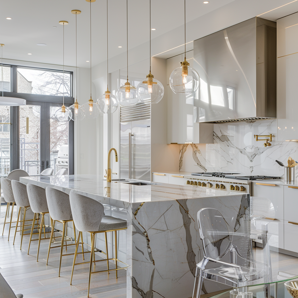 Luxurious modern minimalist kitchen with white and gray color palette, brushed gold accents, marble island, gray-upholstered bar stools, glass dining table with gold legs, clear acrylic chairs, natural daylight, LED under-cabinet lights, and gold-accented pendant lights.