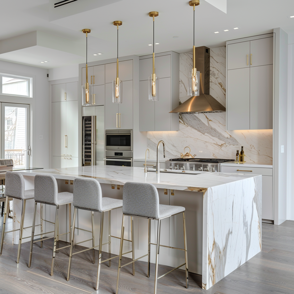 A luxurious modern minimalist kitchen with white marble countertops, brushed gold accents, a central island, clear acrylic chairs, and sophisticated pendant lights. The design features a crisp white and soft gray color palette and harmonizes natural and artificial lighting.