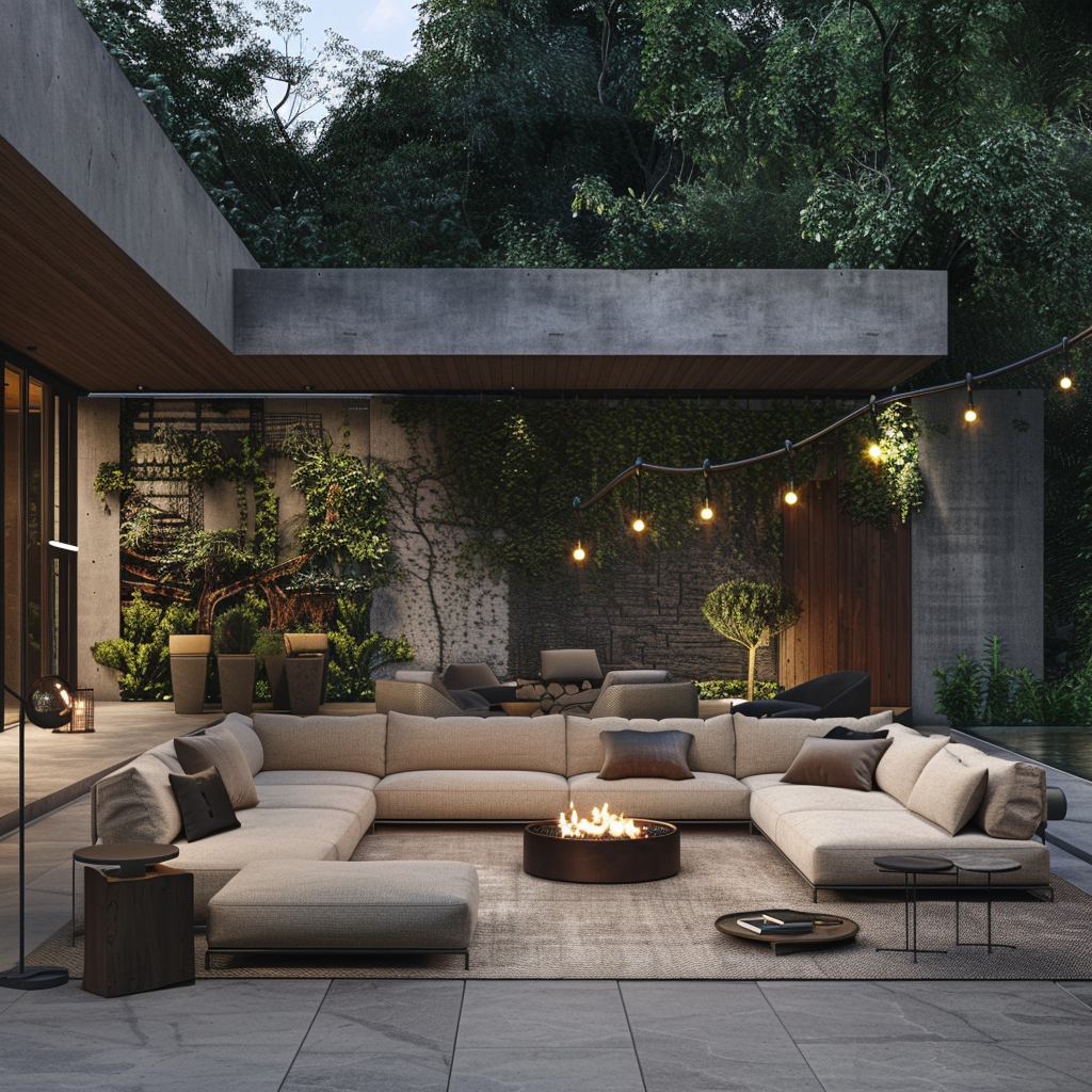 Outdoor living room at dusk with modern minimalist design, featuring a U-shaped sofa, industrial fire pit, metal-framed armchairs, warm Edison bulb lighting, and a vertical herb garden wall illuminated by LED lights.