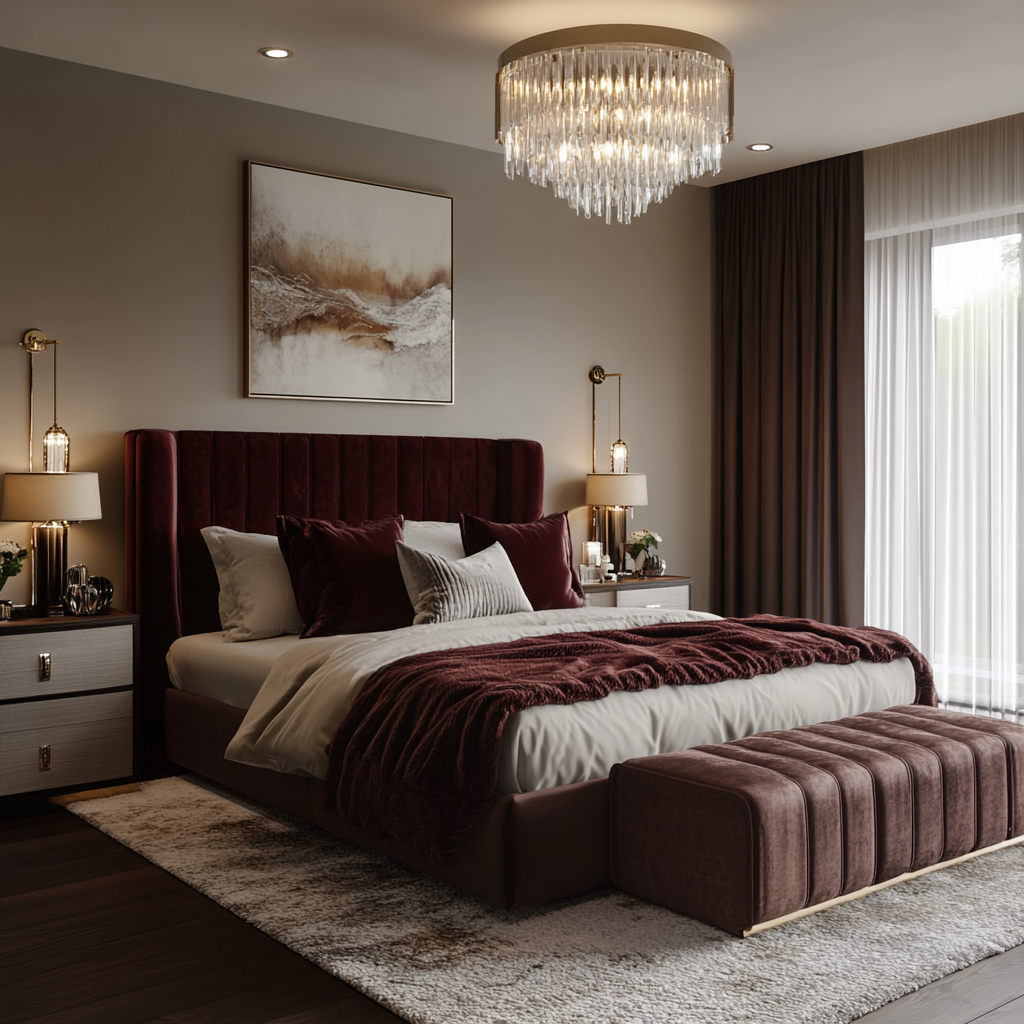 Photorealistic interior image of an upscale bedroom featuring modern minimalist design, a king-sized bed with a velvet headboard, walnut nightstands, a contemporary dresser with a mirror, a chaise lounge, recessed lighting, bedside lamps, scented candles, satin sheets, a high-pile rug, silk curtains, various tactile cushions, artwork above the bed, a crystal chandelier, and a grand window with sheer curtains, captured in 8K resolution.