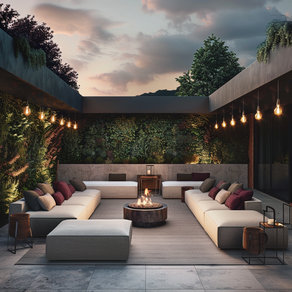 A luxurious, modern outdoor living room at dusk with a sleek U-shaped sofa around a modern fire pit, metal-framed armchairs, dark wood side tables, Edison bulb festoons, and a vertical herb garden wall illuminated by LED lights.