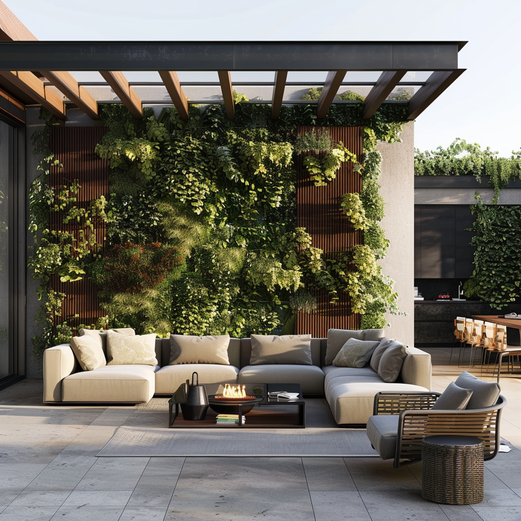 Contemporary outdoor living room with automated gardening tech, featuring a modular gray sofa, fire pit coffee table, rattan lounge chairs, teak dining table, and lush vertical gardens. Photorealistic 8K, natural lighting, and sophisticated ambiance.