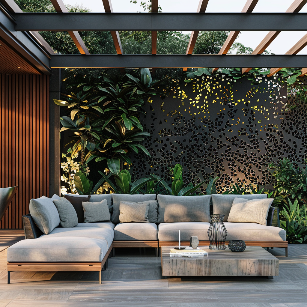 Modern outdoor living space with teak wood furniture, charcoal gray accents, lush greenery, cream cushions, and a custom-designed metallic privacy screen framing a sleek sectional sofa and low-profile coffee table, all bathed in warm natural light.