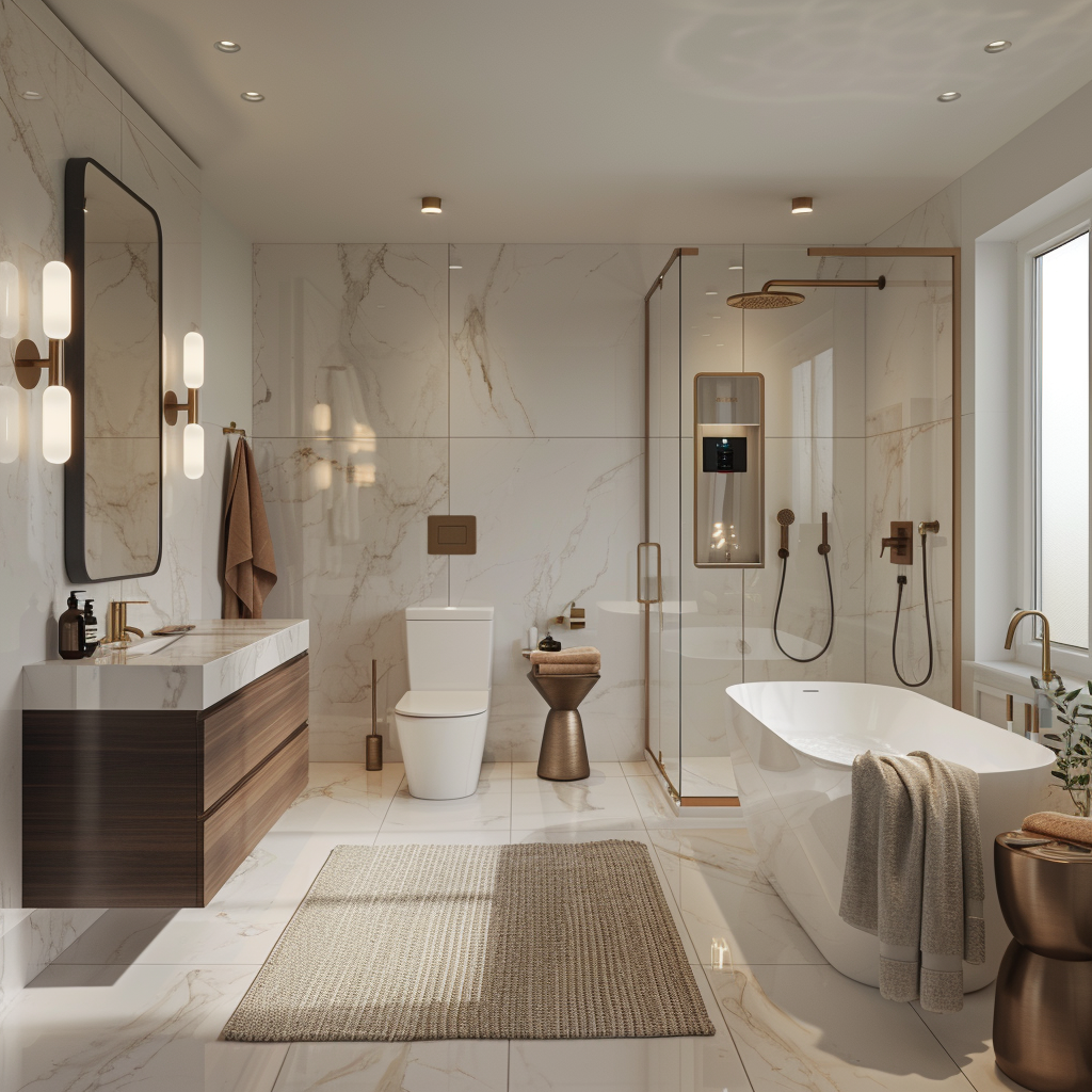 High-definition image of a luxurious modern bathroom with smart technology, featuring white marble floors and walls, gold fixtures, walnut accents, intelligent mirrors, designer tub, smart toilet, and voice-operated chromotherapy tub under a modern light fixture.