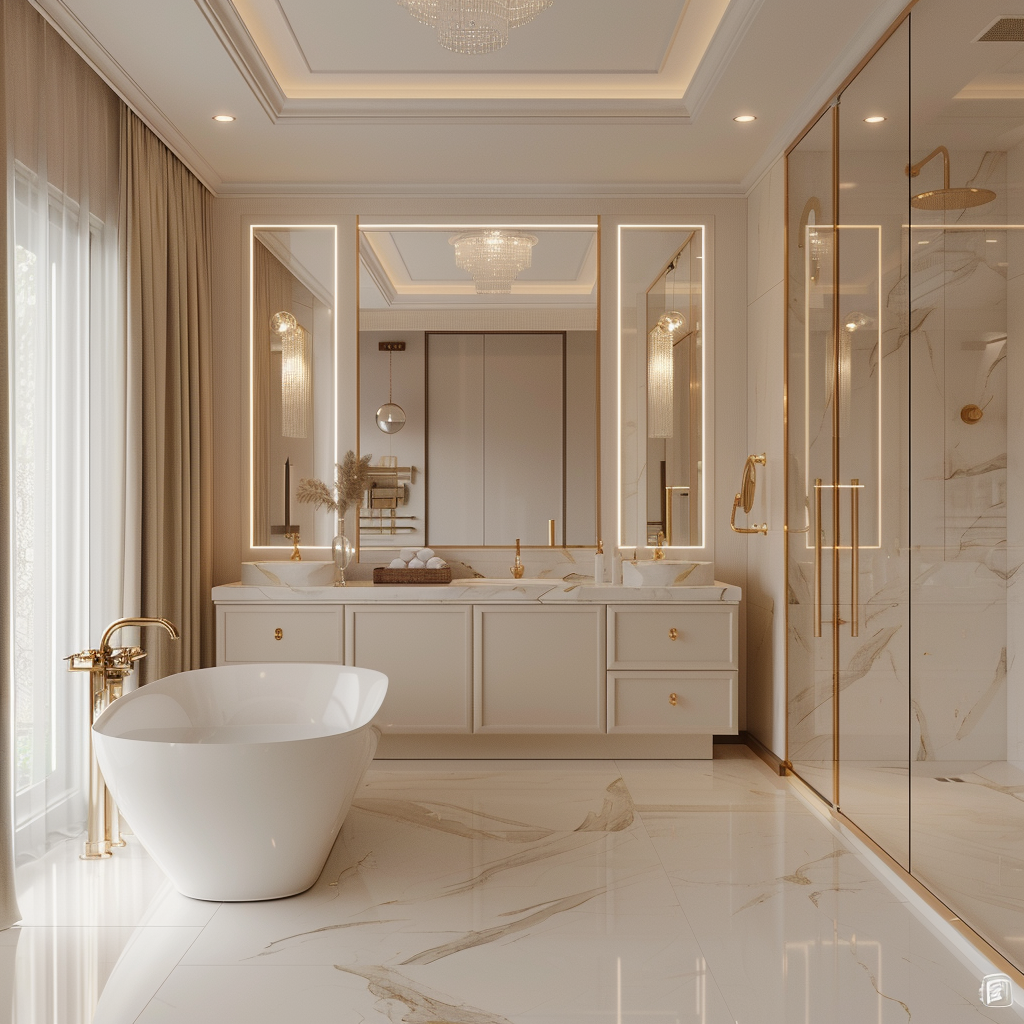 Opulent bathroom featuring a freestanding claw-footed bathtub, double vanity with marble countertops and gold fixtures, grand crystal chandelier, white marble flooring, and elegant wainscoting. The room is captured in 8K resolution, emphasizing natural lighting and high-end details.