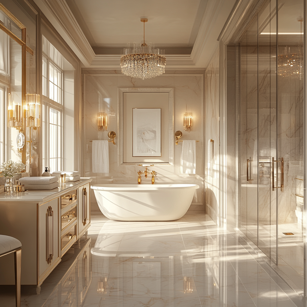 Luxurious modern-traditional bathroom featuring a freestanding tub under a crystal chandelier, double vanity with marble countertops, glass-enclosed shower, and polished marble flooring.