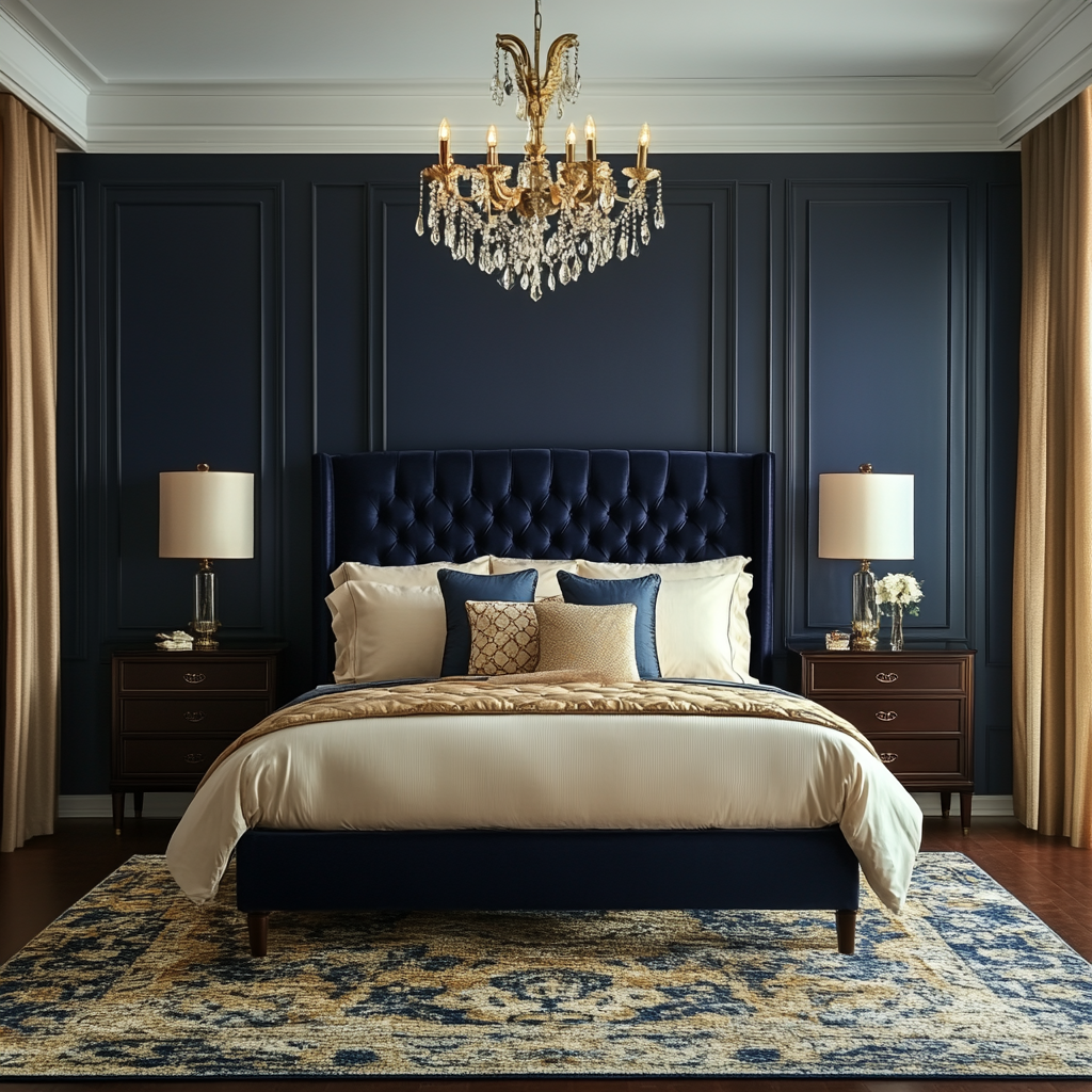 Luxurious bedroom with modern-traditional design featuring a navy blue and gold color scheme. Central king-sized bed upholstered in navy velvet against a gold-leafed wallpaper. Dark mahogany nightstands with crystal-handled drawers and modern table lamps. Statement chandelier with golden teardrops hangs above. Floor-to-ceiling sheer curtains frame a large bay window, with textures of silk, satin, and wool throughout the space.