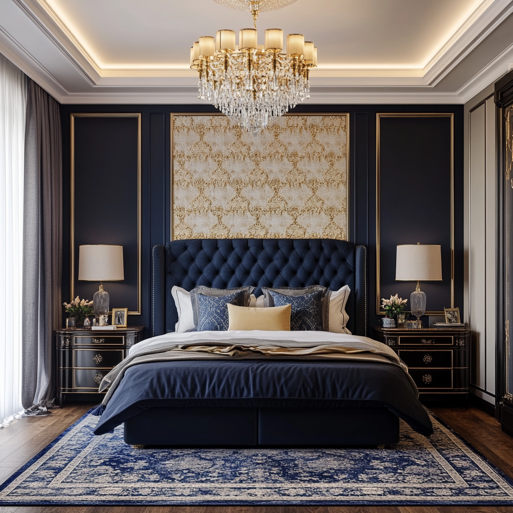 Elegant navy and gold bedroom featuring a king-sized navy velvet bed, gold-leaf wallpaper, dark mahogany nightstands, modern table lamps, and a statement chandelier with cascading golden teardrops, lit by warm natural and artificial lighting.