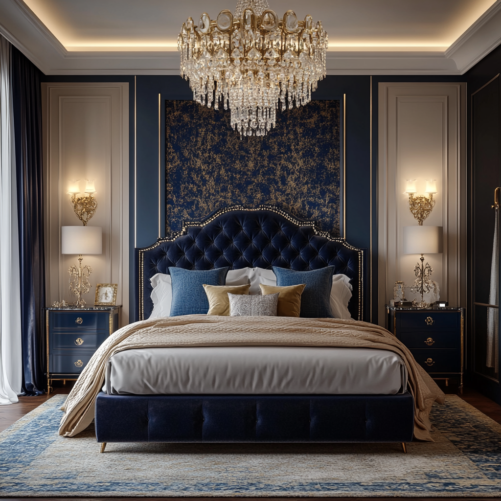 Luxurious bedroom with navy and gold color palette, featuring a king-sized bed upholstered in navy velvet, gold-leafed wallpaper, dark mahogany nightstands, and a chandelier with golden teardrops, captured in 8K resolution.