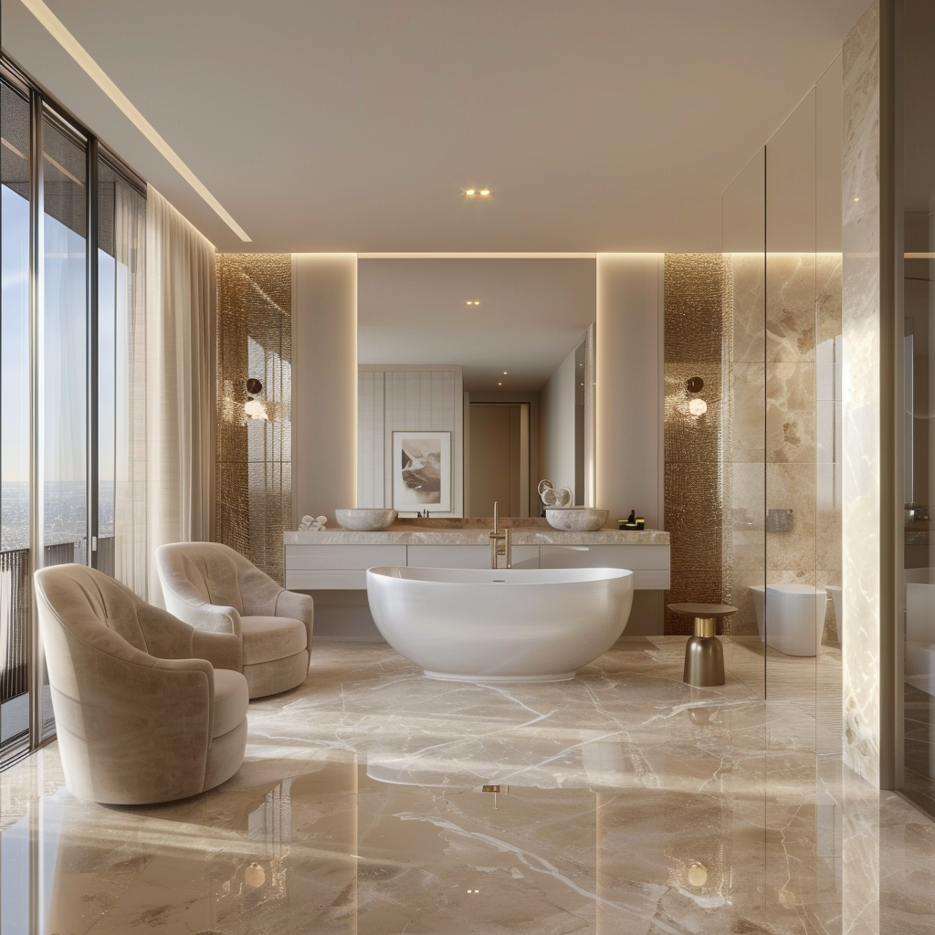 Luxurious open-concept bathroom with a freestanding bathtub, modern minimalist design, neutral tones, brushed gold and deep navy accents, marble floor tiles, textured wall accents, and a large window.