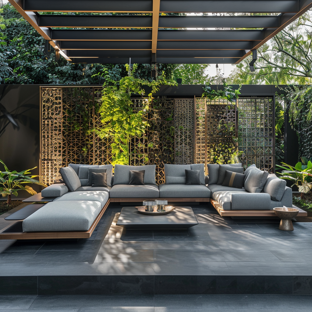 Luxurious outdoor living room with modern sectional sofa and coffee table, surrounded by lush garden foliage. Featuring decorative walls, artistically crafted metal lattice panels, warm lighting, and a statement water feature.