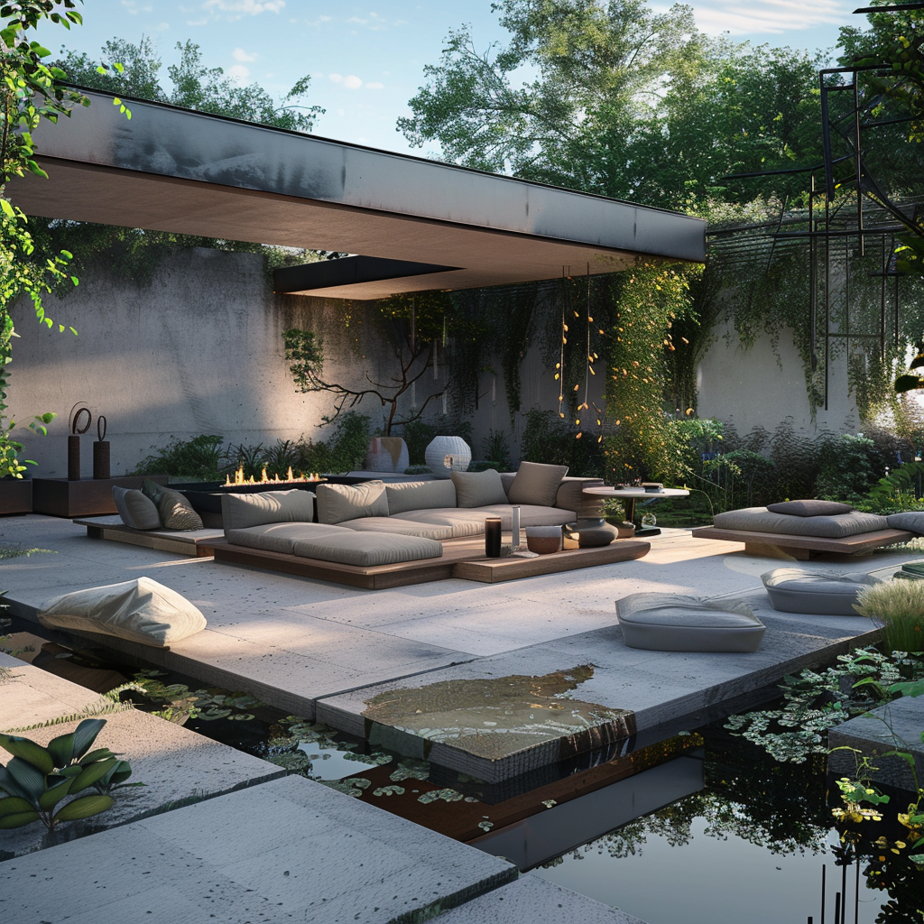 Luxurious outdoor living room integrated with a lush garden, featuring a modular sofa, fire pit with stone seating, and teakwood tables, all in a serene setting with natural and artificial lighting.