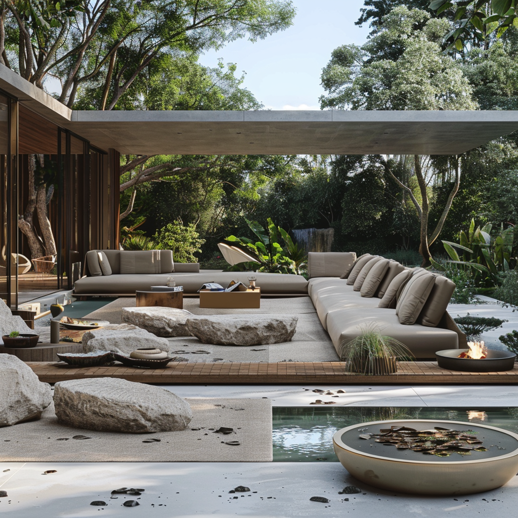 Luxurious outdoor living room with taupe modular sofa, fire pit, teakwood tables, and lush garden backdrop, captured in 8K photorealistic resolution, showcasing modern minimalist design and natural elements.