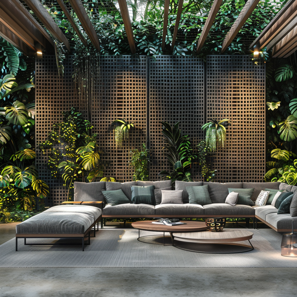 Luxurious outdoor living room with sleek contemporary design, featuring a modern modular sofa, minimalist coffee table, and artistic metal lattice panels within a lush garden setting, captured in 8K resolution.