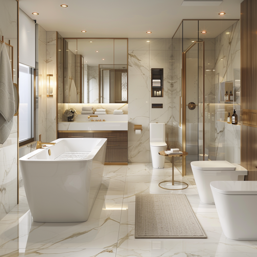 High-definition image of a luxurious, elegant bathroom featuring top-tier smart technology. The space includes a wall-mounted vanity, standalone designer tub, and smart toilet, with a harmonious color scheme of whites, grays, and warm wood tones. The bathroom is lit by a frosted window and LED lights, offering a tranquil, spa-like ambiance.