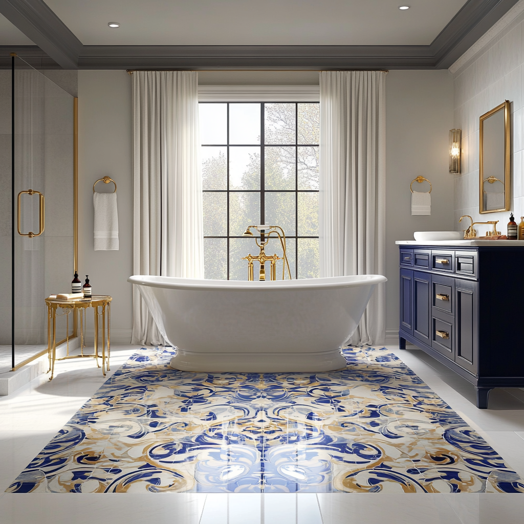 Luxurious bathroom featuring a claw-foot bathtub beneath a frosted window, ornate gold-leafed vanity sinks, and an intricate mosaic tile floor. The room is illuminated by natural light through sheer curtains, recessed LED lighting, and a grand chandelier.