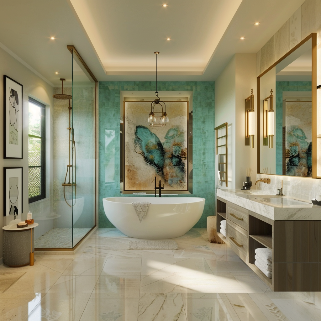 Elegant spa-inspired luxury bathroom with a freestanding bathtub under a large window, sleek double vanity, frameless glass-enclosed shower, polished marble tiles, and a harmonious blend of modern and minimalist aesthetics in soft white and beige tones with deep teal and burnished gold accents.