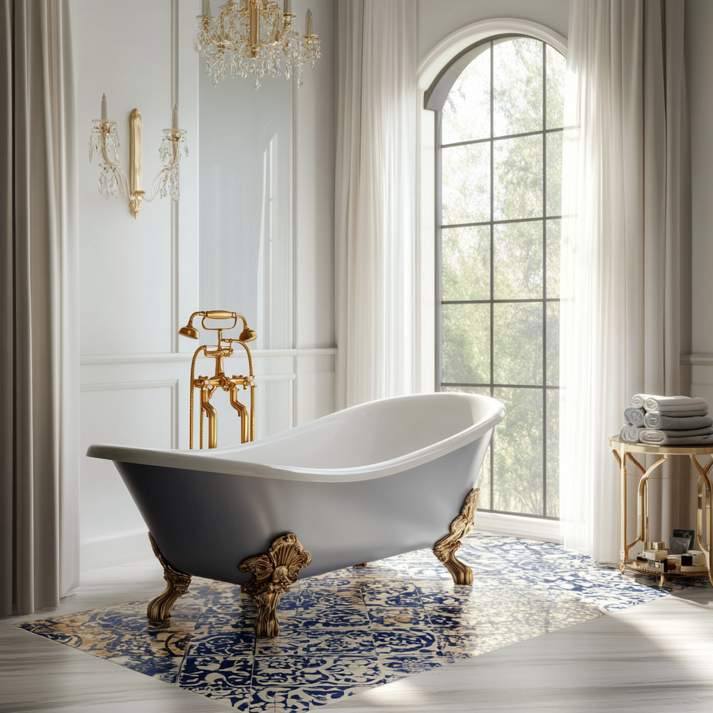 A luxurious bathroom with a harmonious blend of modern and traditional styles, featuring a freestanding claw-footed bathtub, gold-leafed vanity sinks, custom cabinetry, and intricate mosaic tile floor. The room is adorned with elegant details and a soothing color palette of neutrals, navy, and gold, bathed in natural and warm artificial lighting.