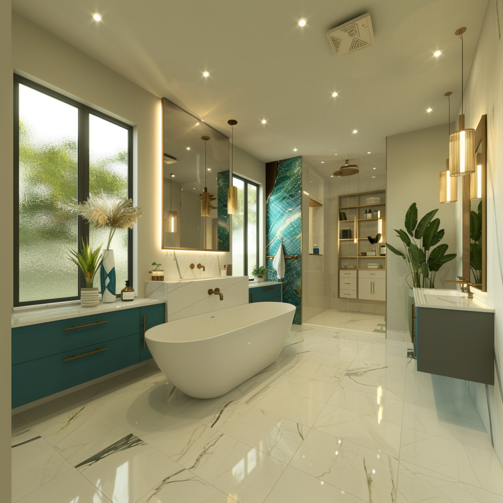 A luxury bathroom with a freestanding bathtub under a large window, double vanity, frameless glass-enclosed shower, marble tiles, matte black fixtures, and brushed gold fittings.