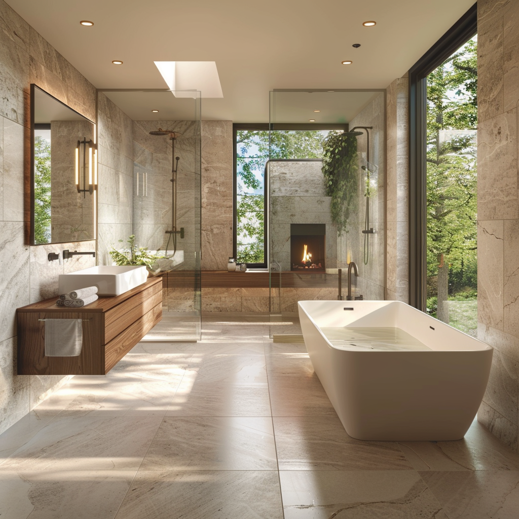 Luxurious, spa-inspired bathroom featuring a deep soaking tub, floating wooden vanity with dual sinks, and frameless glass shower. The room is bathed in natural light, accented by honed stone tiles, walnut wood, and brushed nickel fixtures, with a wall-mounted fireplace and vertical indoor garden.