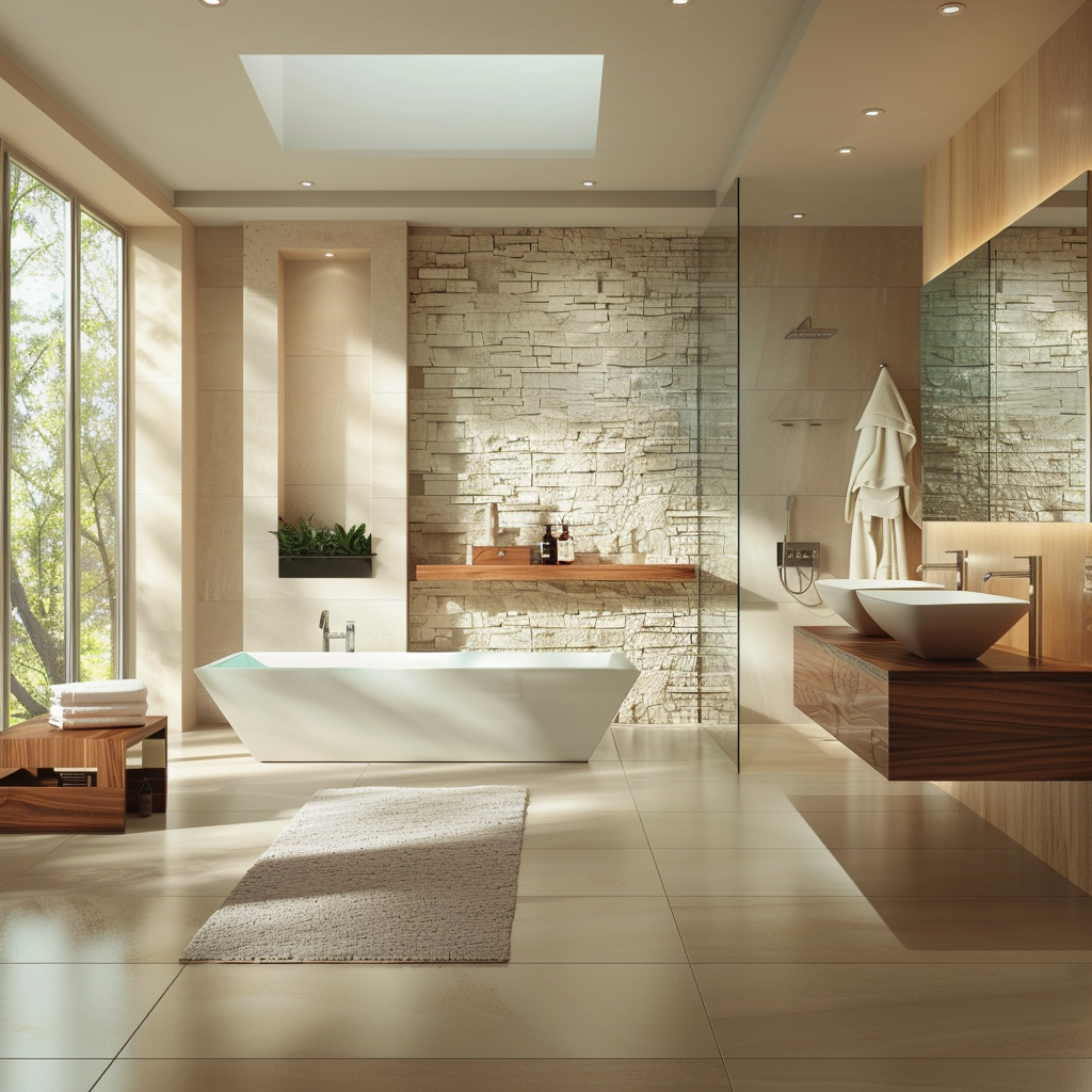 Photorealistic image of a luxurious modern bathroom with a centered free-standing tub under a large window, dual sink floating wooden vanity, and frameless glass shower. The space features natural stone tiles, walnut wood, and abundant natural light complemented by recessed lighting, a wall-mounted fireplace, indoor garden, and skylight.