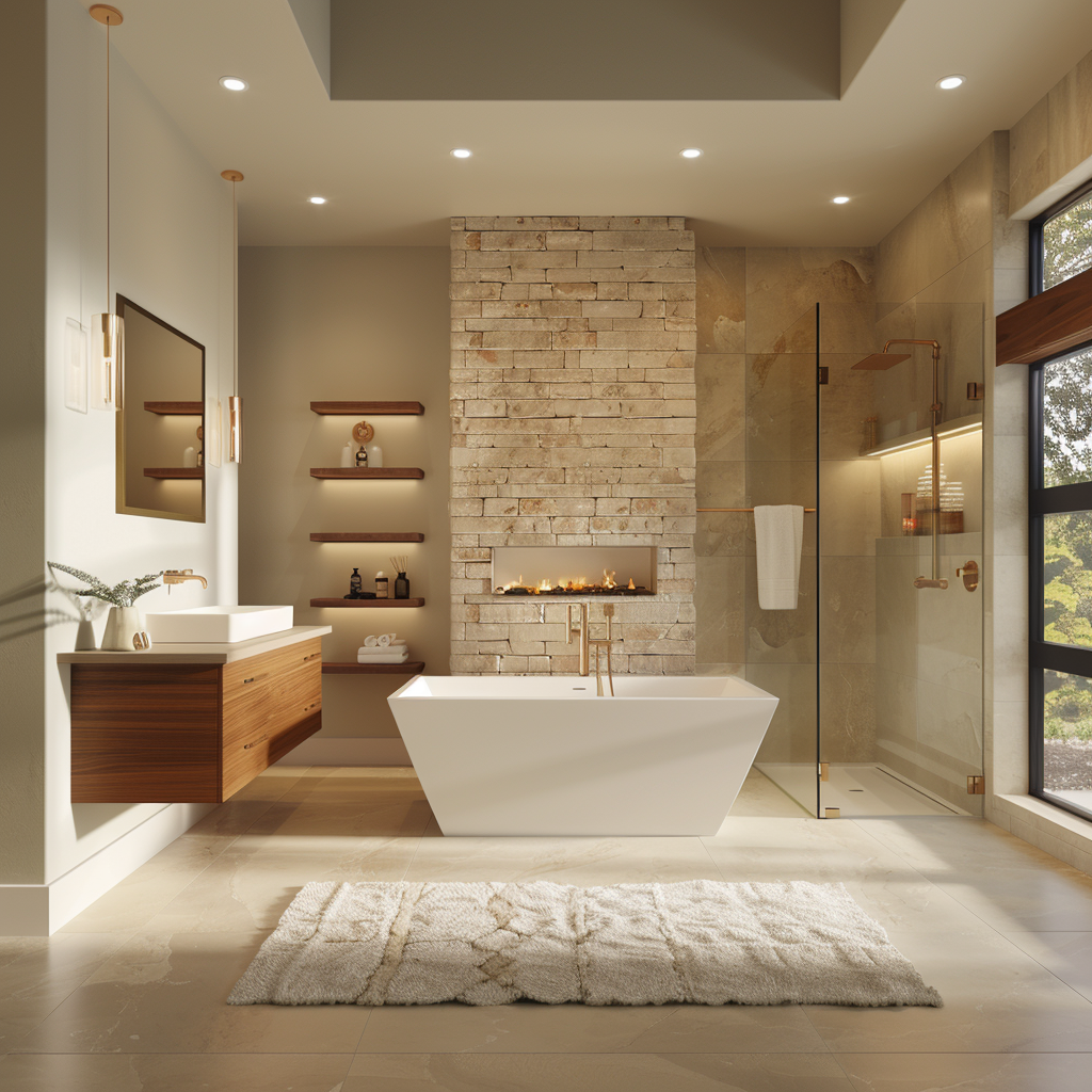 A photorealistic image of a luxurious modern minimalist bathroom with a freestanding soaking tub under a large window, a floating wooden vanity with dual sinks, and a spacious glass shower. The design features honed stone tiles, rich walnut wood tones, and brushed nickel fixtures, bathed in natural light and recessed lighting, with a wall-mounted fireplace and living wall.