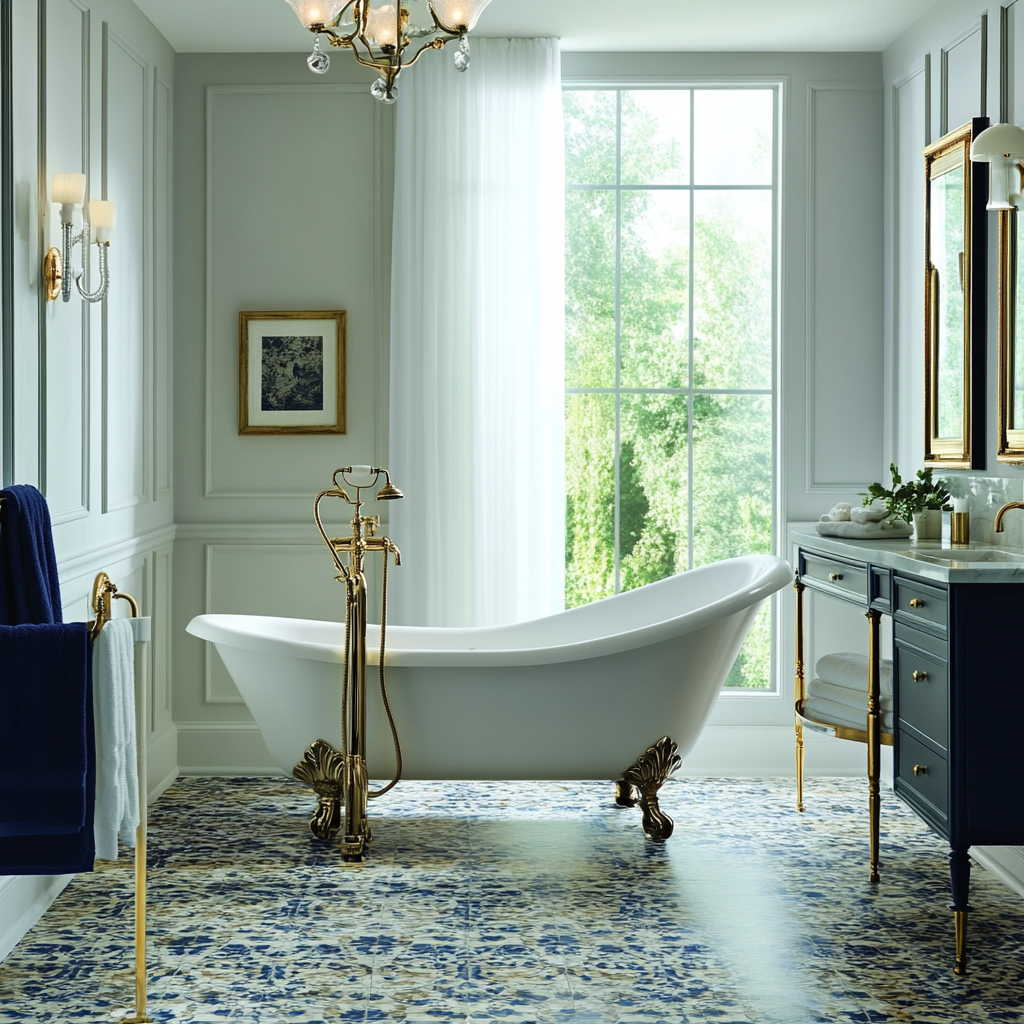 A high-end bathroom with a freestanding claw-footed bathtub, gold-leafed vanity sinks, and mosaic tile flooring. Natural light pours in through a frosted window, complemented by recessed LED lighting and a chandelier, creating a serene and luxurious atmosphere.