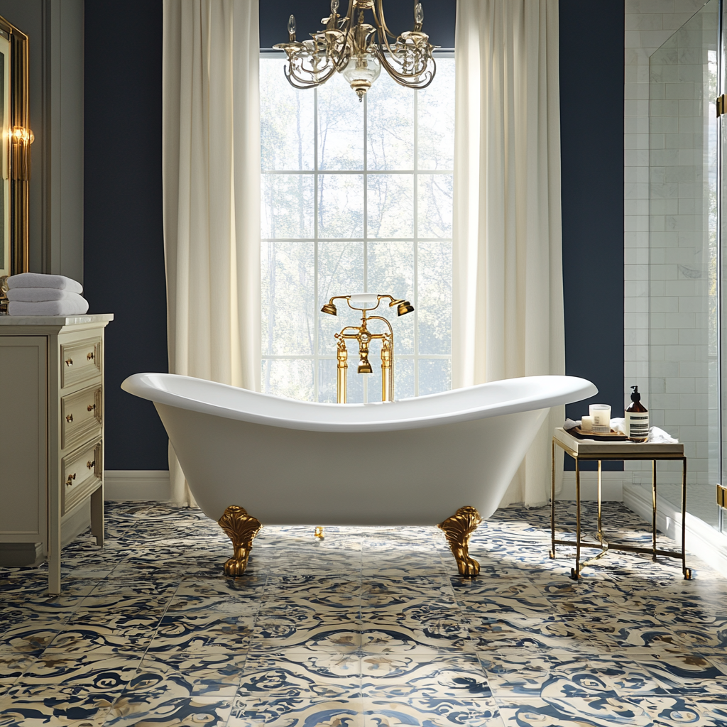 A luxurious bathroom with a freestanding claw-footed bathtub, ornate gold-leafed vanities, and intricate mosaic tile flooring, illuminated by natural light and a grand chandelier.