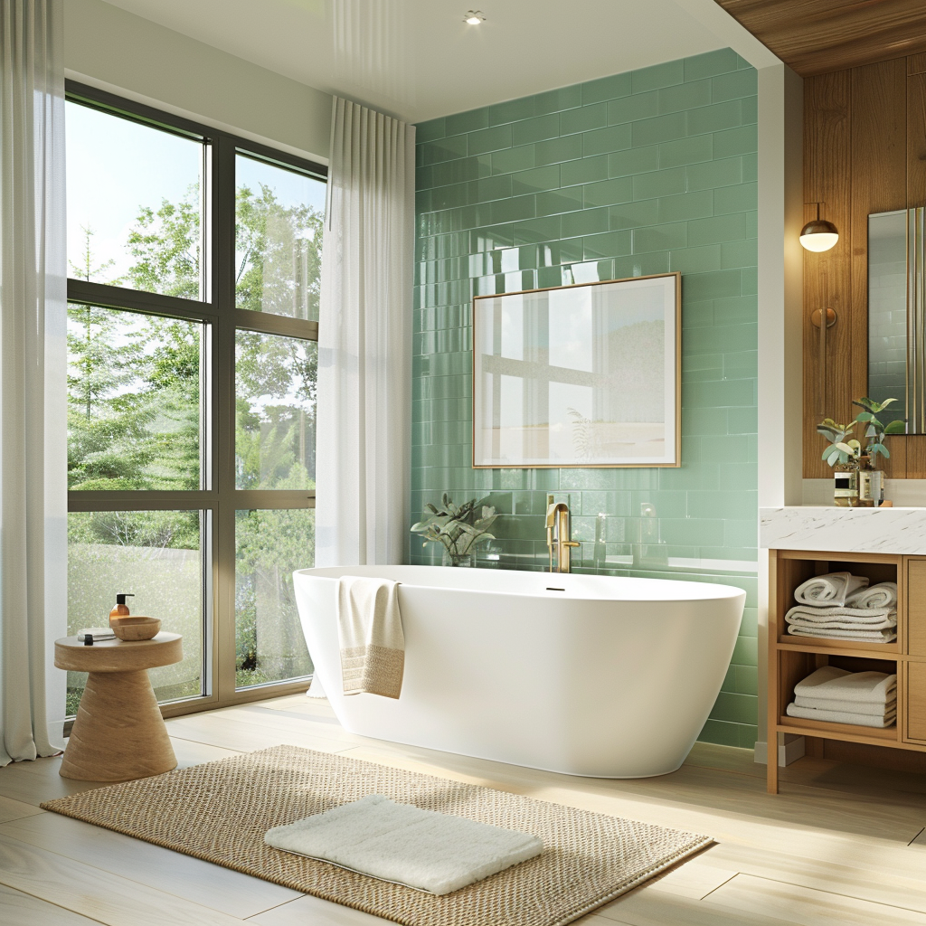 Luxurious spa-inspired bathroom featuring a soaking tub, floating wooden vanity, floor-to-ceiling windows, emerald green tile wall, and minimalist yet opulent decor. Captured in 8K resolution with natural daylight.