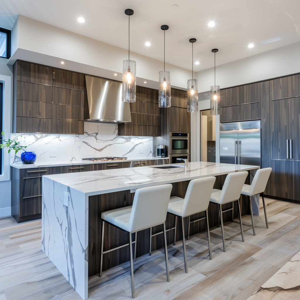 Luxurious contemporary kitchen with affordable wood and stone-like flooring, featuring a white marble-topped island, pendant lighting, floor-to-ceiling windows, high-gloss cabinetry, and a brushed steel-like ceramic tile backsplash, captured in 8K resolution.