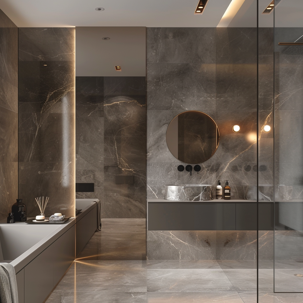 Elegant contemporary minimalist bathroom featuring a bold veined countertop, sleek wall-mounted vanity, high-gloss cabinetry, large frameless mirror, and an oversized walk-in shower, photographed in photorealistic 8K resolution.