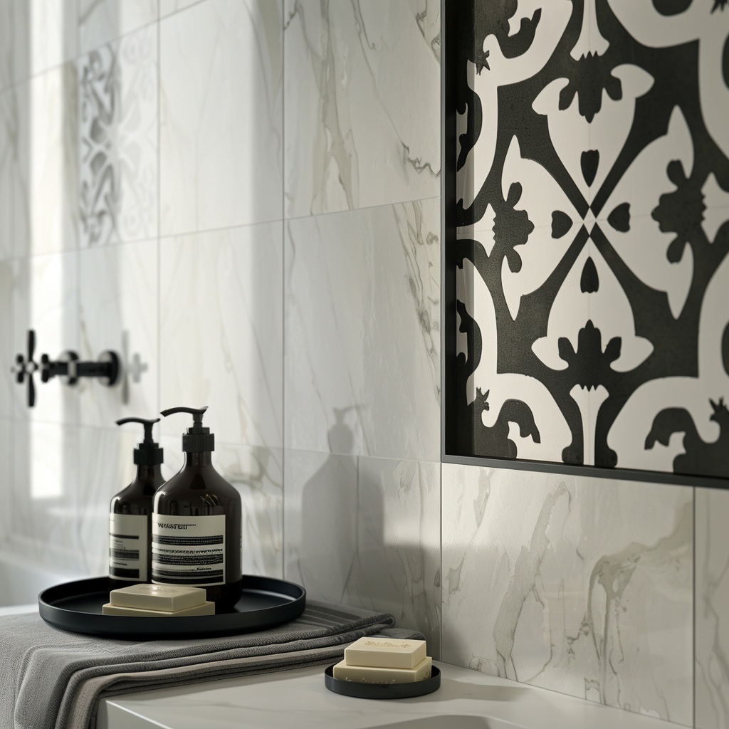 Close-up of a luxury modern bathroom with gray and white tiles contrasted by a textured wall treatment, illuminated by natural light.