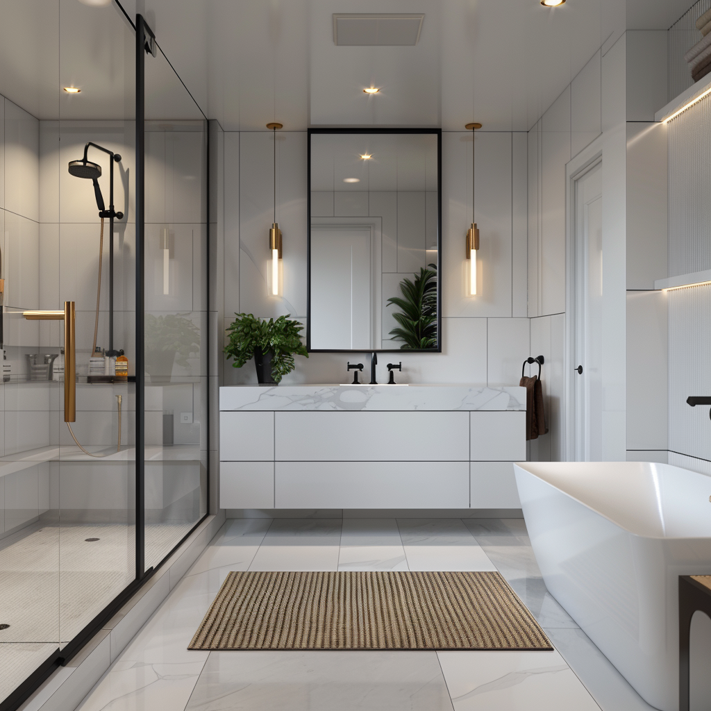 Photorealistic image of a luxury minimalist bathroom featuring cool gray tones, white vanity, brushed gold fixtures, large-format porcelain tiles, and ambient lighting.