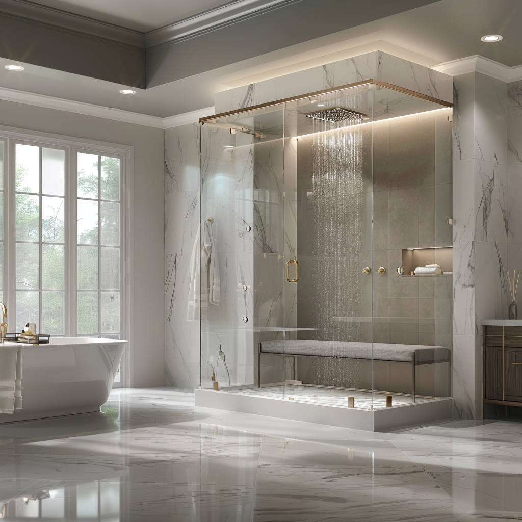 A luxurious bathroom featuring a stunning glass-enclosed waterfall shower with a built-in bench, floating vanity with dual sinks, freestanding bathtub, large frameless mirror, marble wall tiles, brushed gold fixtures, and a herringbone-patterned tile floor. The room is bathed in natural light from floor-to-ceiling windows, and accented by recessed LED lights and a statement chandelier, blending modern and classic design elements.