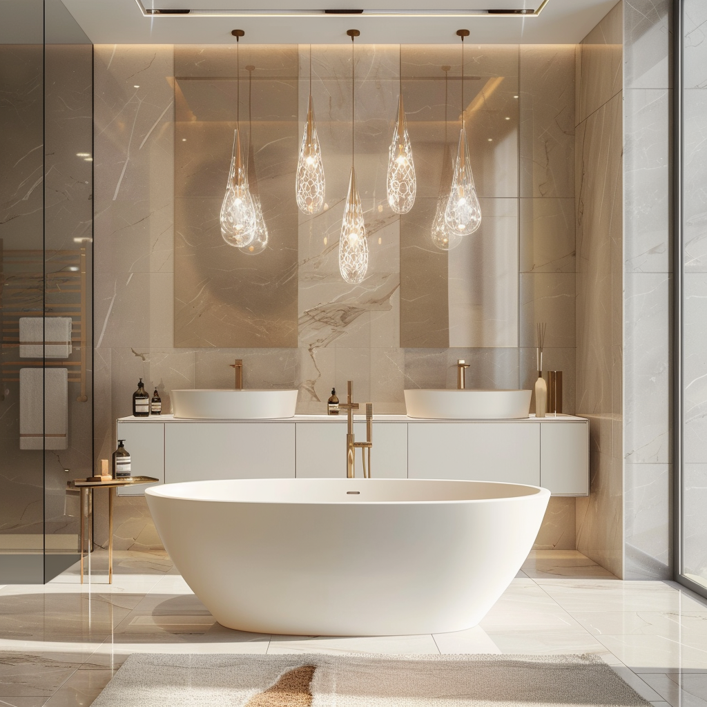 Luxurious modern minimalist bathroom with a sculptural bathtub, floating double vanity, high-gloss tiles, and sophisticated lighting designs, accented by opulent gold and deep black elements.