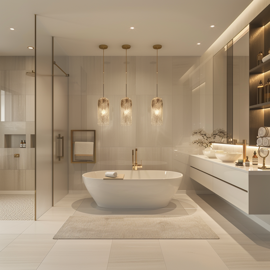 Elegant and spacious modern minimalist bathroom with a free-standing bathtub, floating double vanity, gold accents, and sophisticated lighting from pendant and recessed LED lights.