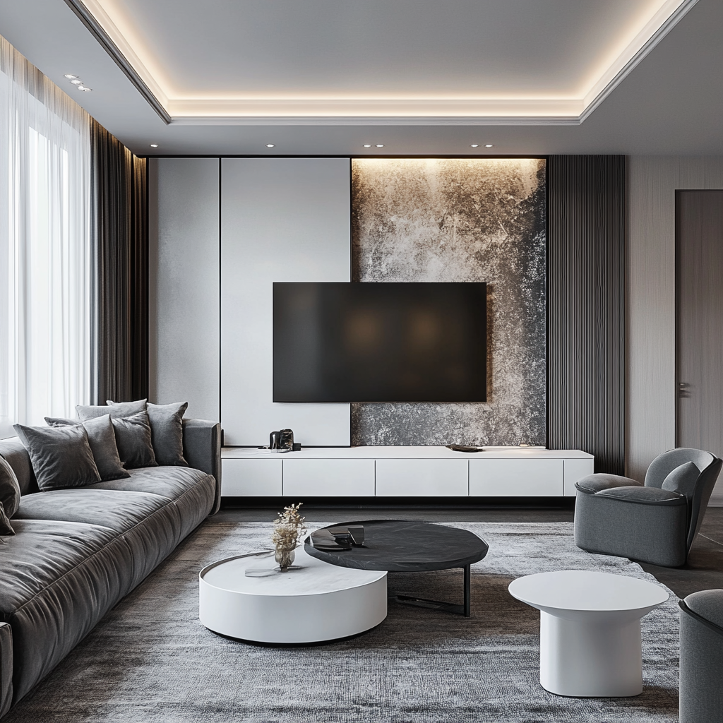 A luxury modern minimalist living room with a charcoal gray sectional sofa, white side tables, geometric-patterned rug, abstract metallic wall art, and a mix of natural and artificial lighting in a monochromatic color scheme.