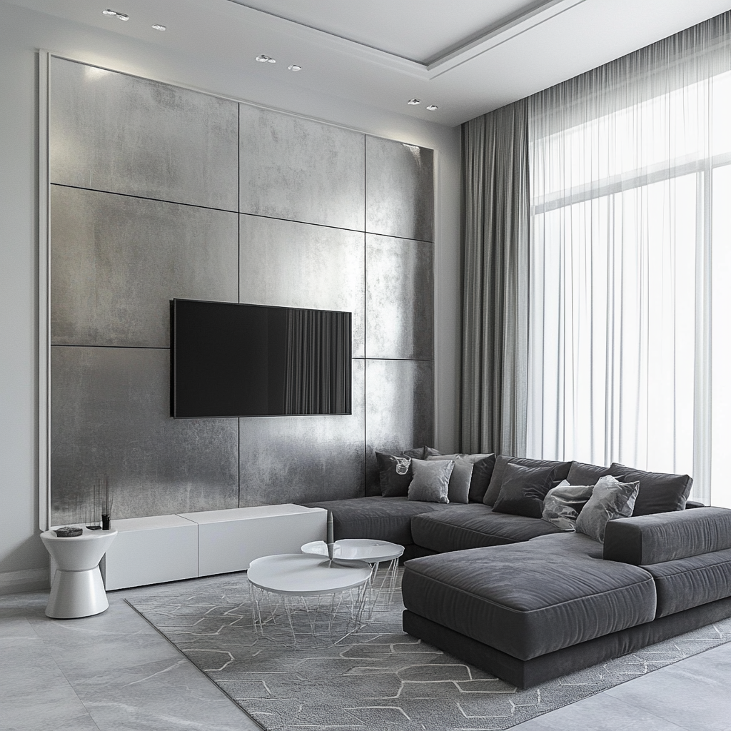 A luxurious modern minimalist living room with a charcoal gray sectional sofa, white side tables, geometric-patterned area rug, metallic wall art, and metallic accents in shades of silver and chrome, all under soft lighting from natural and recessed sources.