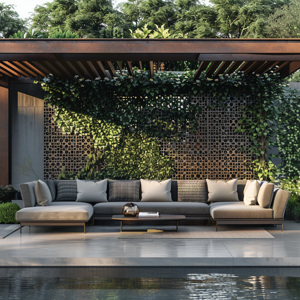 Luxurious outdoor living room with sleek contemporary design, natural elements, modern modular sofa, minimalist coffee table, artistic metal lattice panels, and a statement water feature, captured in photorealistic 8K resolution.