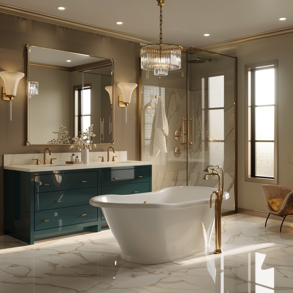 Luxury bathroom with a freestanding sculptural bathtub, double vanity, frameless glass-enclosed shower, polished marble tiles, matte black fixtures, and brushed gold fittings, featuring natural and artificial lighting in a minimalist design.