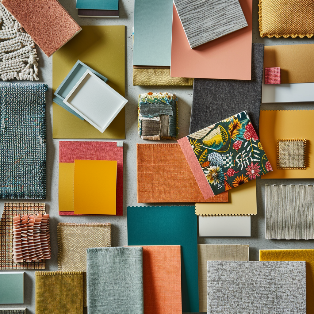 Collection of mid-century modern color swatches arranged on a flat surface, including shades of teal, mustard yellow, burnt orange, olive green, dusty pink, cadet blue, and taupe. The swatches are made from materials like tweed, vinyl, and sunburst textures and are depicted under diffused natural daylight.